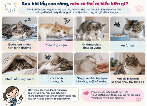 Sau khi lấy cao răng, mèo có thể có biểu hiện gì?