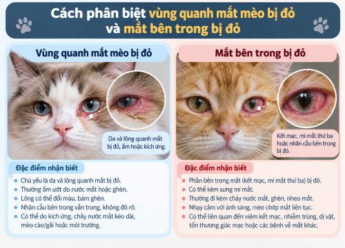 Cách phân biệt vùng quanh mắt mèo bị đỏ và mắt bên trong bị đỏ